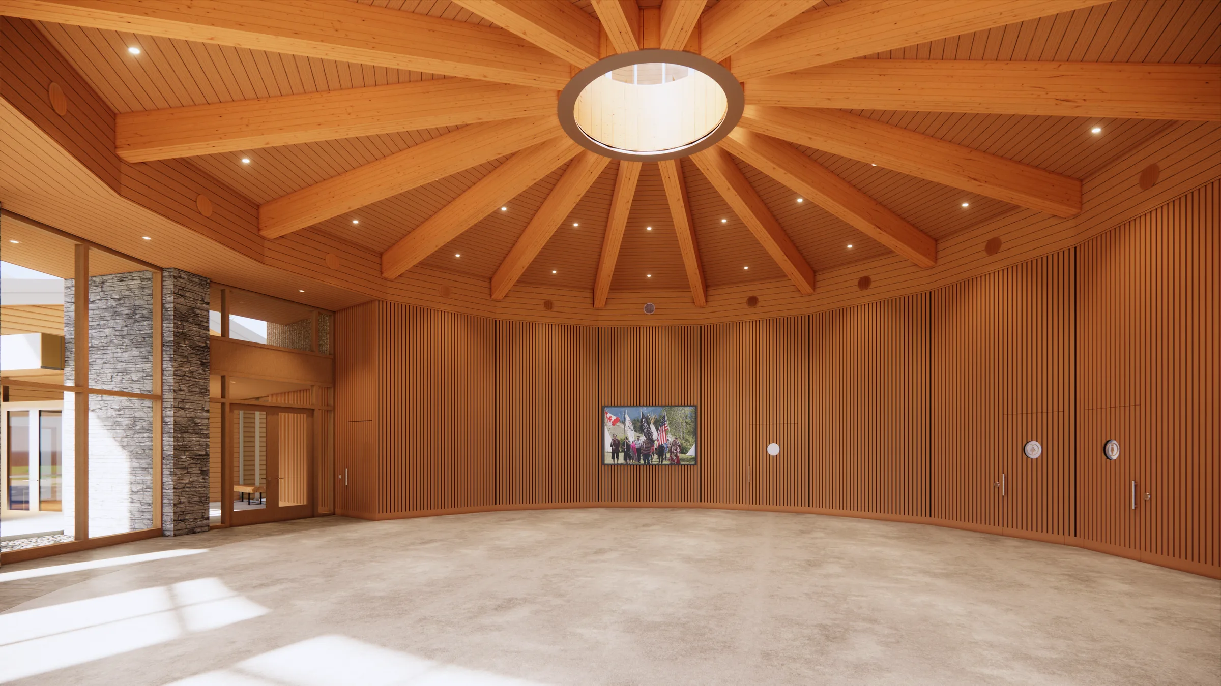 Rendering of the band hall and atrium, its radial timber roof rising to a central skylight.