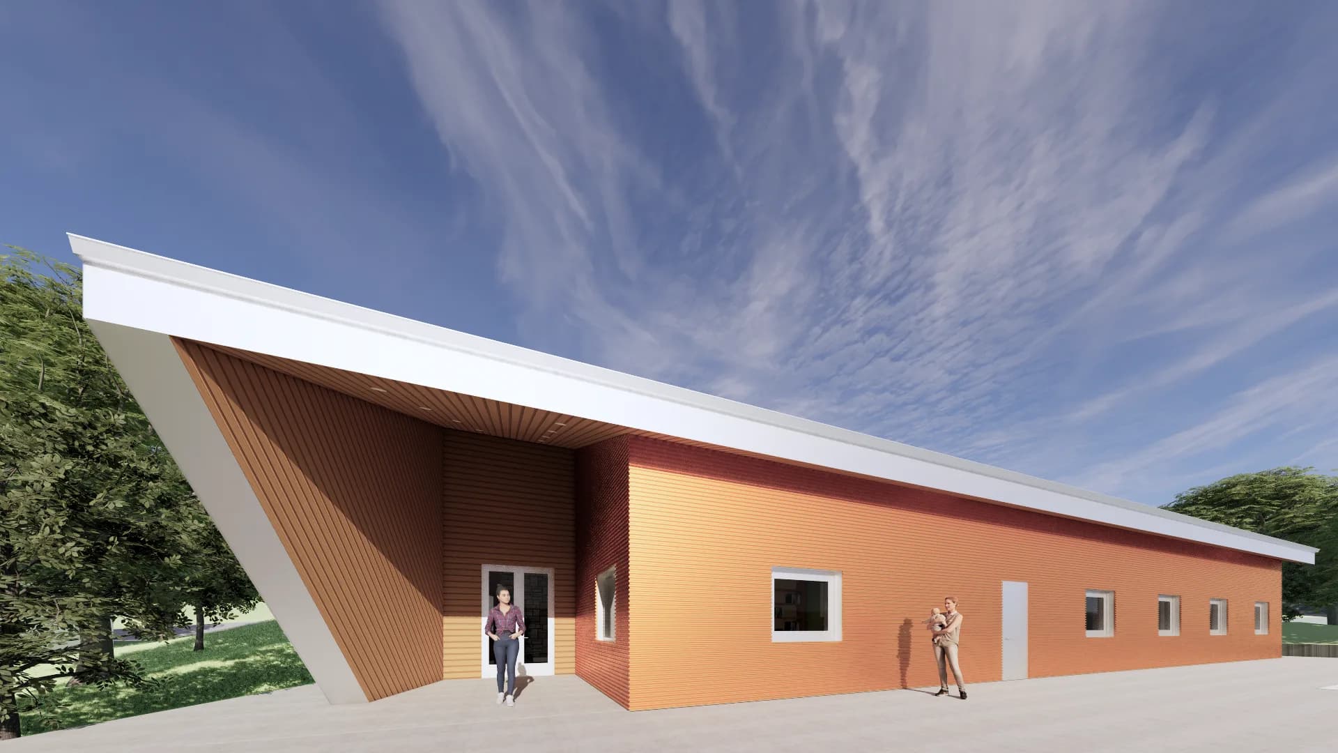 Rendering of the proposed shelter, a single-storey building under a sweeping white roof plane.