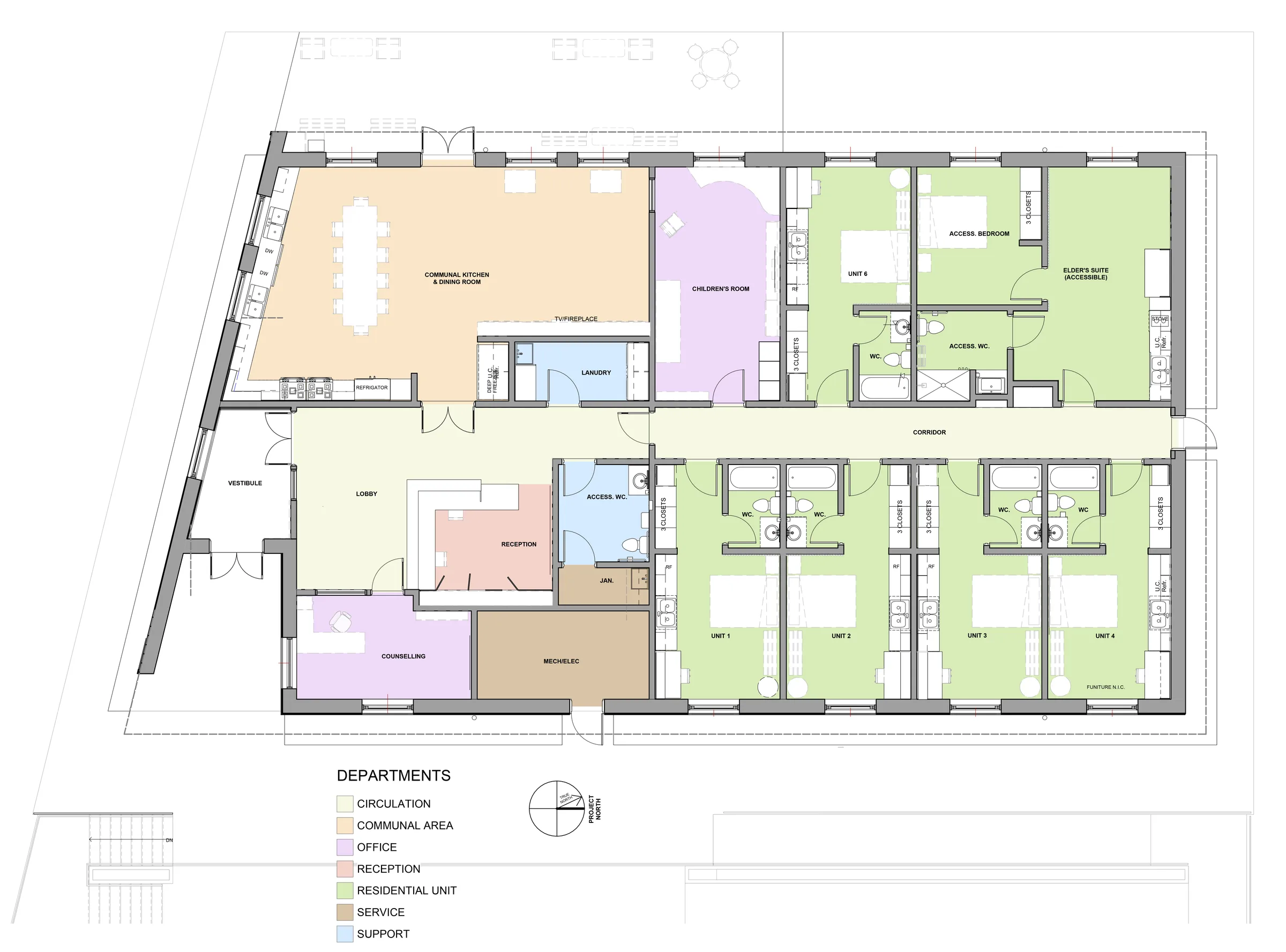 Plan coloré des logements, espaces communs, bureaux et services.