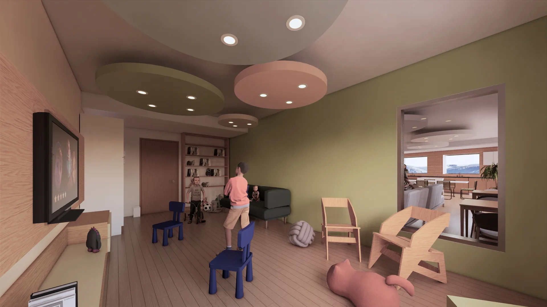 Rendu de la salle des enfants, mobilier bas et vue sur le repas.