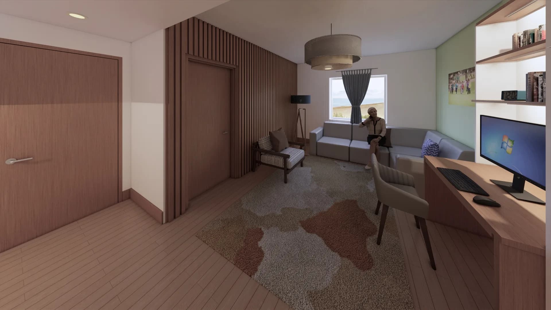 Rendering of a residential unit with a study desk and sitting area.