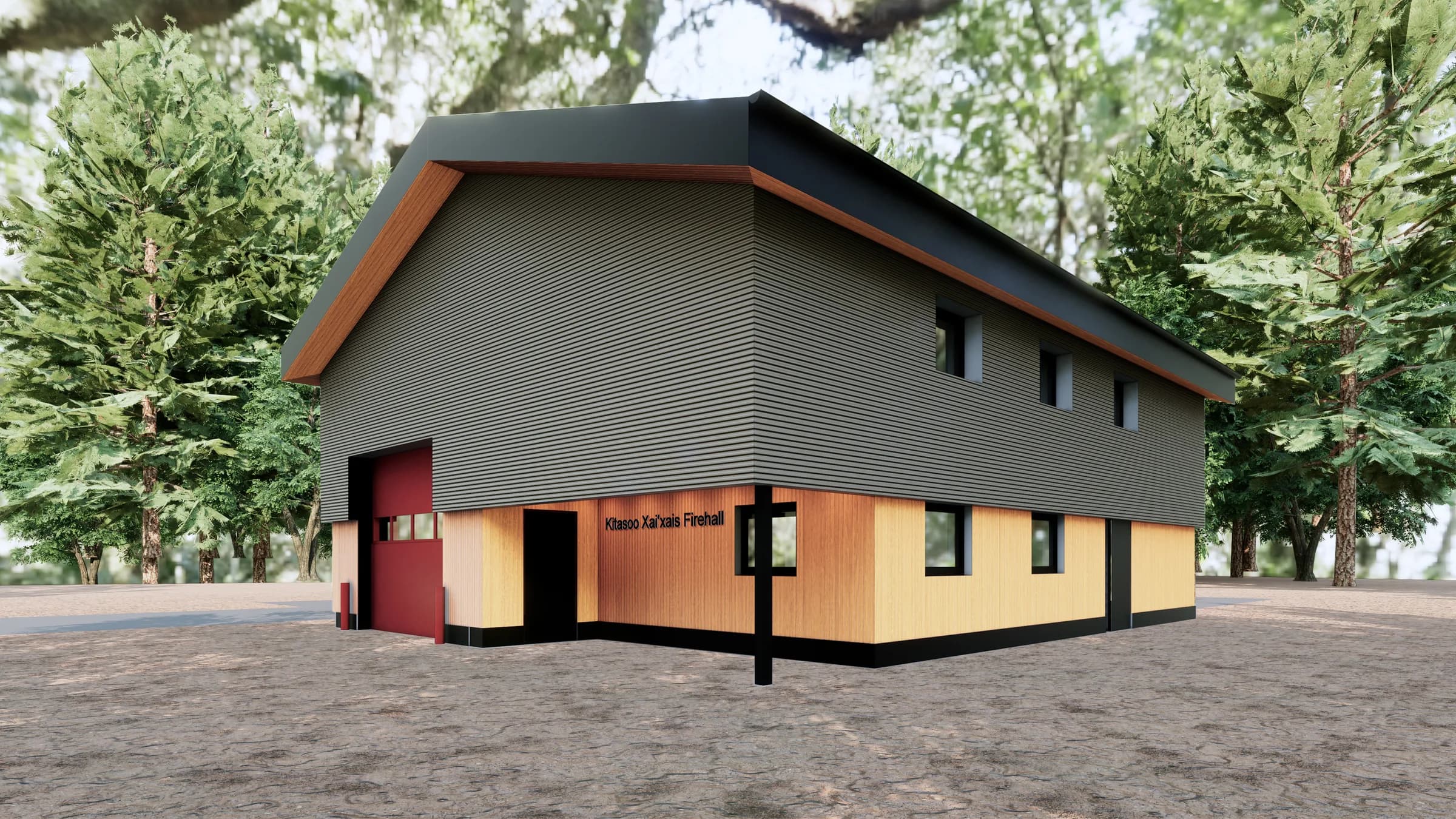 Rendering of the proposed two-storey fire hall among the trees, its vehicle bay facing the access road.