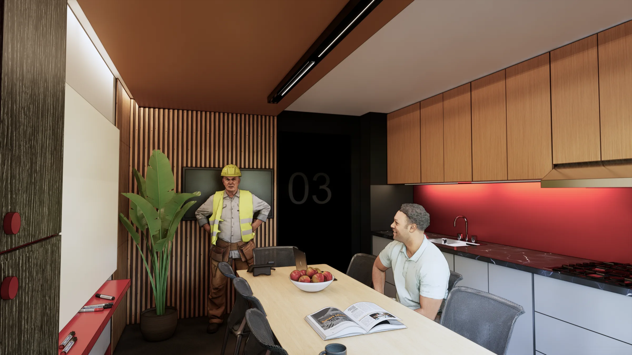 Rendering of the kitchen and lecture room on the upper floor.