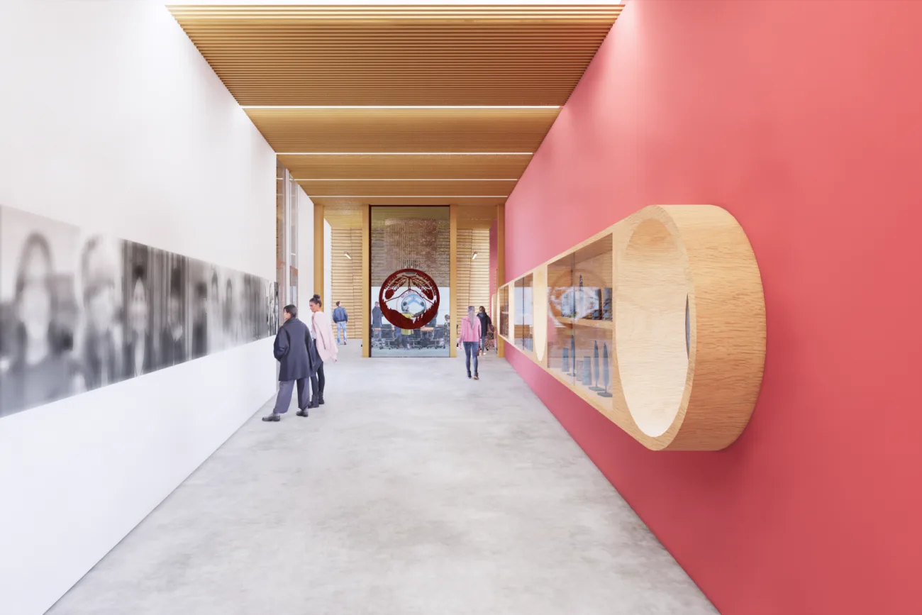 Rendering of the cultural display corridor, a deep timber-lined opening set into a red wall.