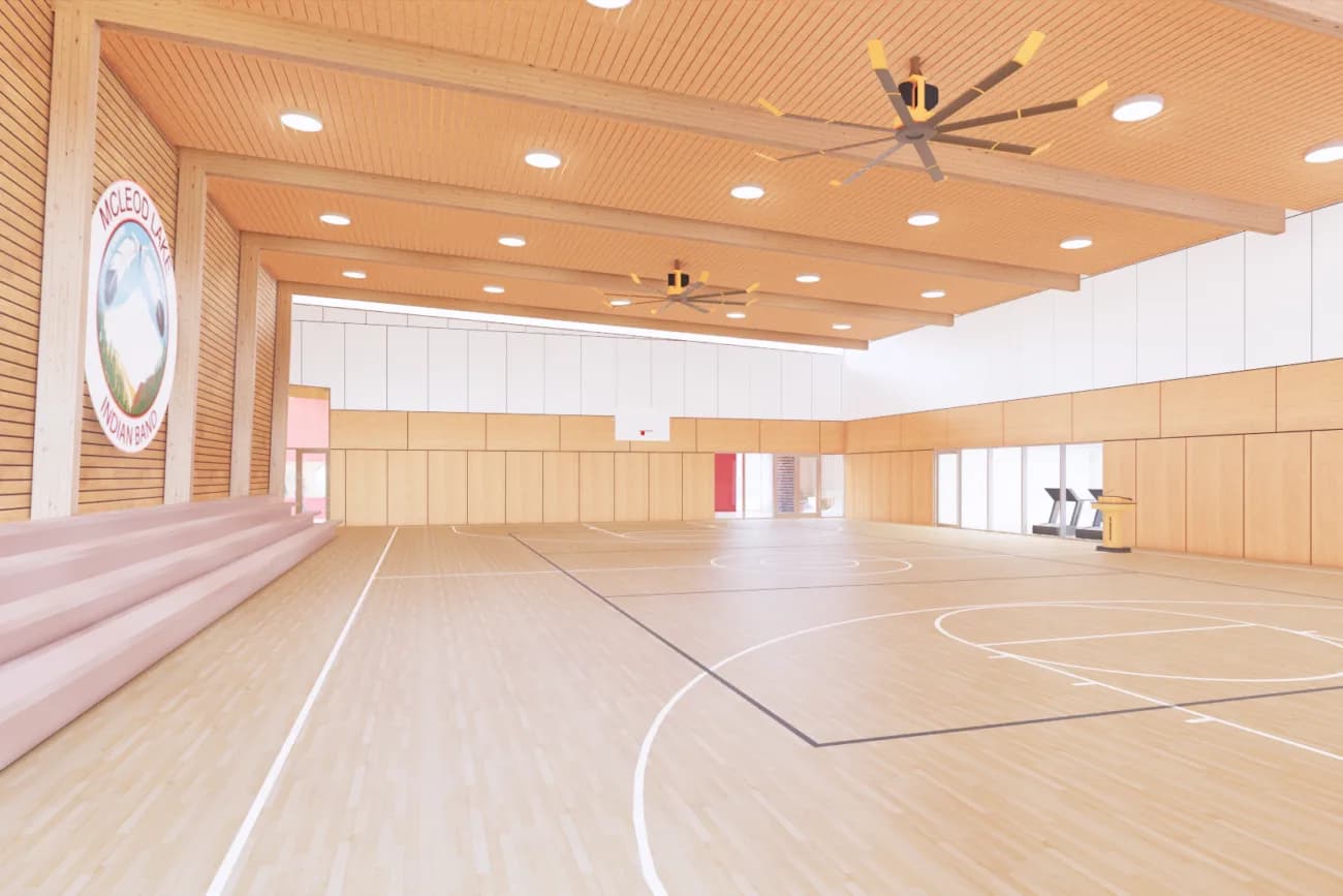 Rendering of the community hall, with tiered seating, a timber ceiling and the band crest on the wall.