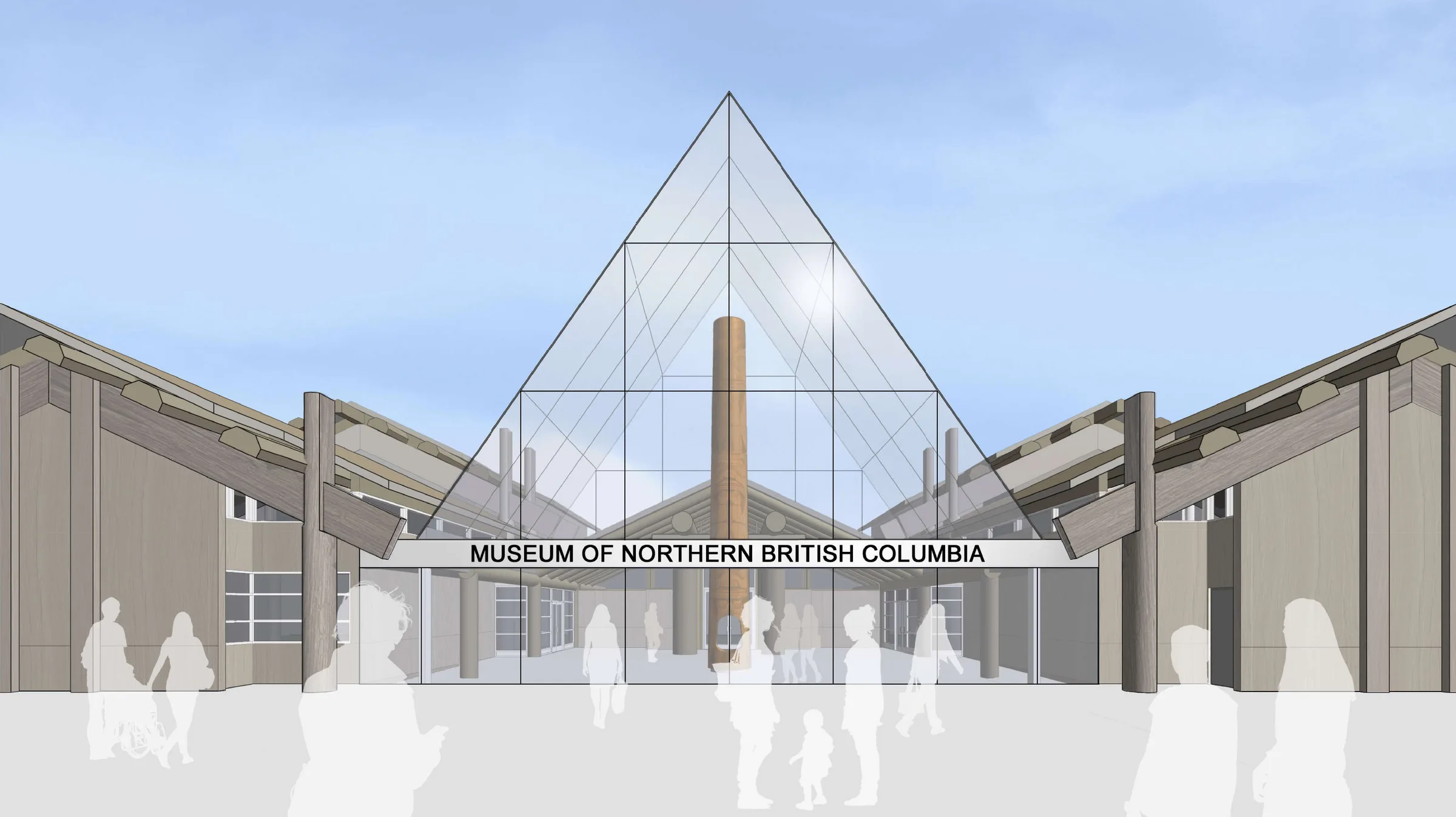 Rendering of the proposed glazed atrium between the museum's existing longhouse wings, the museum name above the entrance.