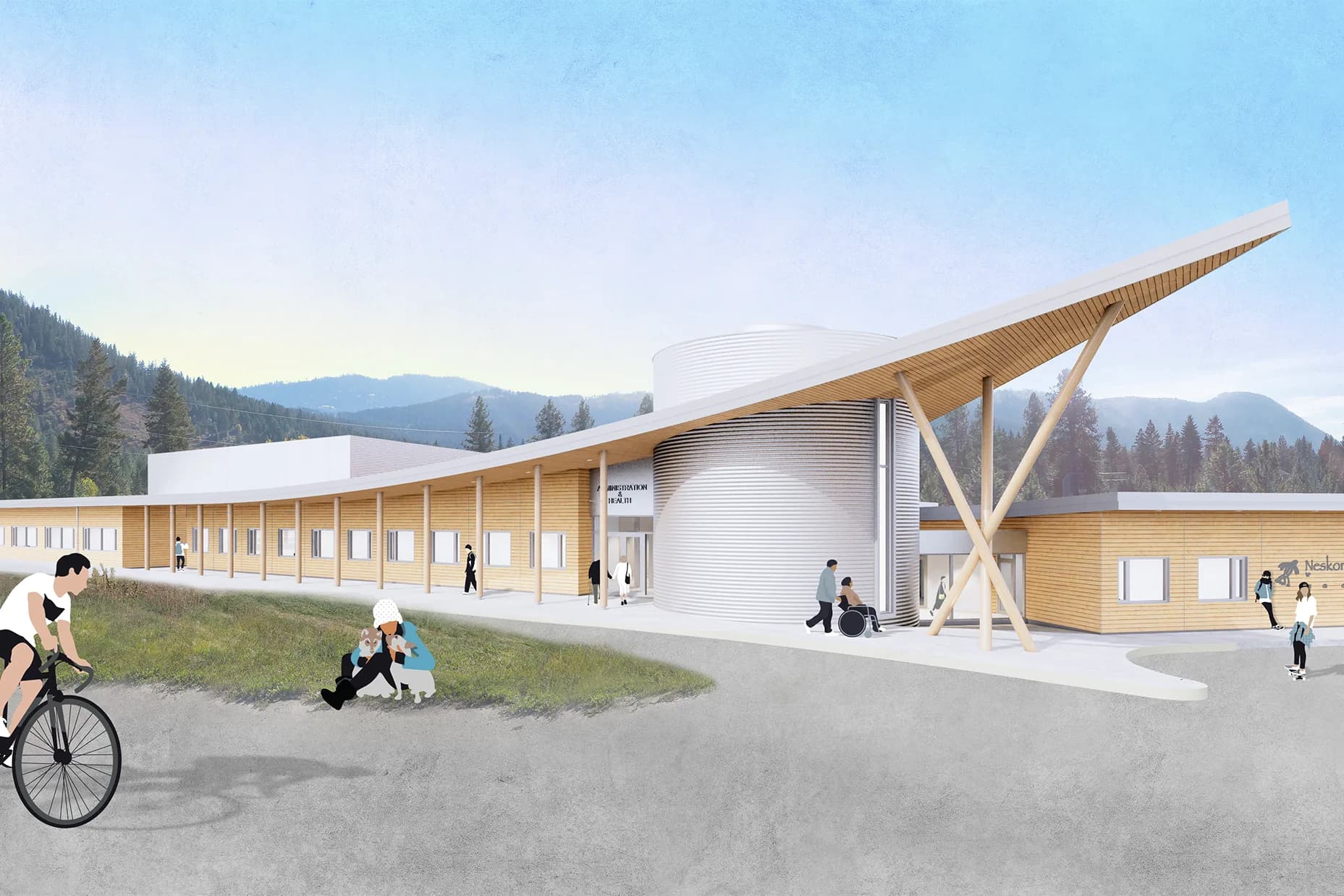 Rendering of the proposed multiplex, its sweeping roof lifting over the entrance above the South Thompson valley.