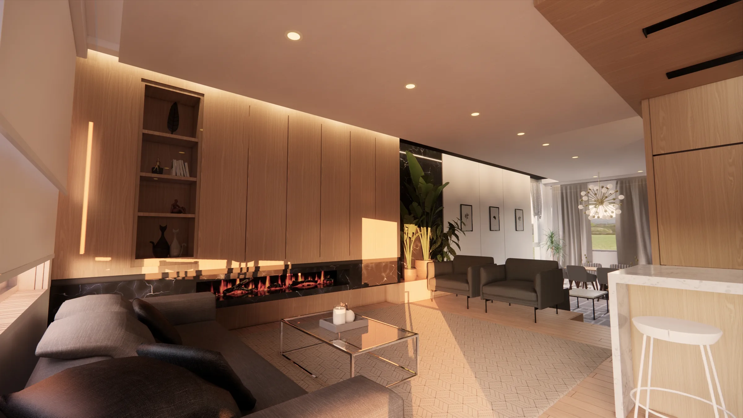 Rendering of the living room, looking along the fireplace wall towards the dining area.