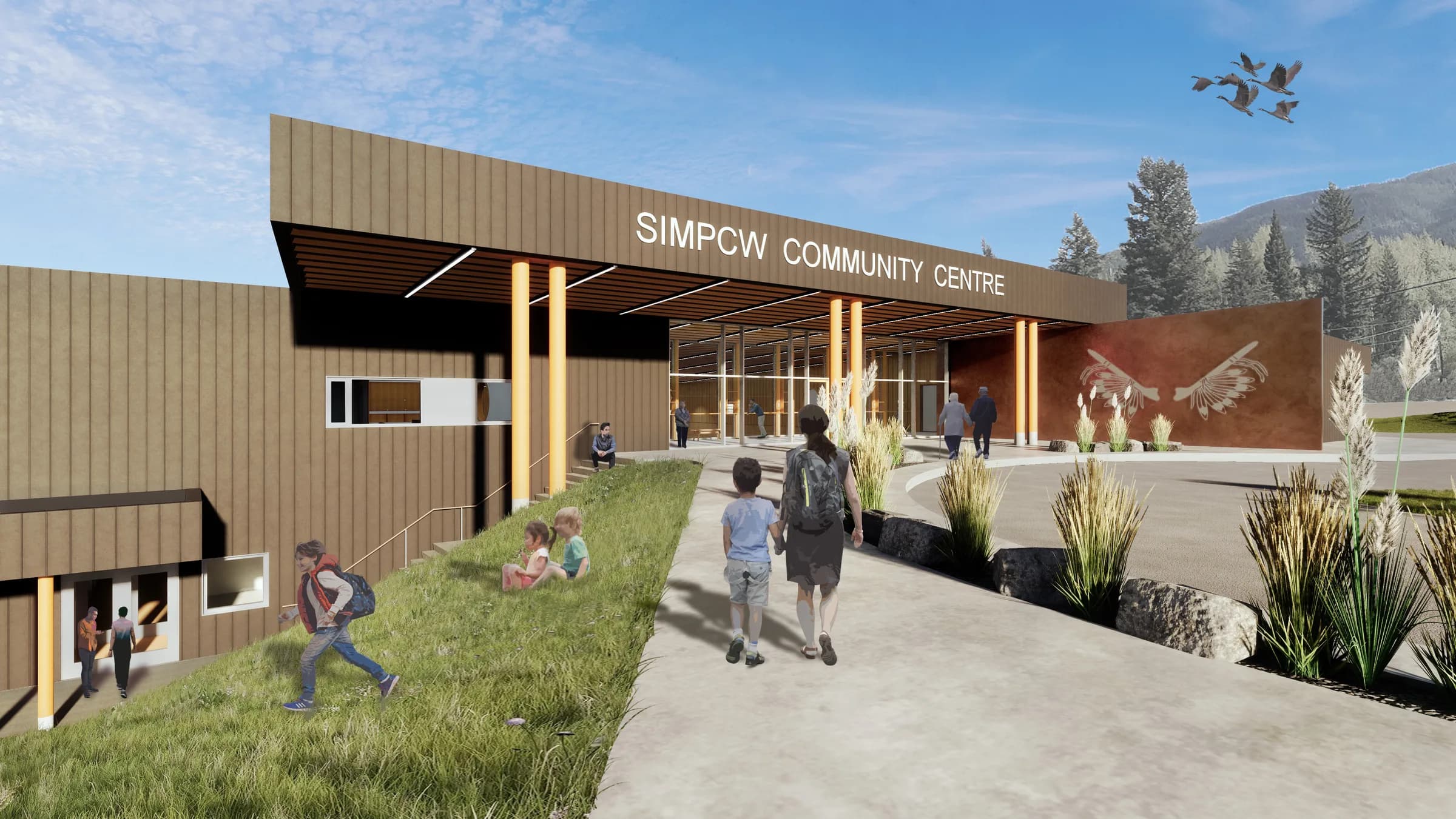 Rendering of the proposed centre, its name on a deep timber canopy above the entrance.