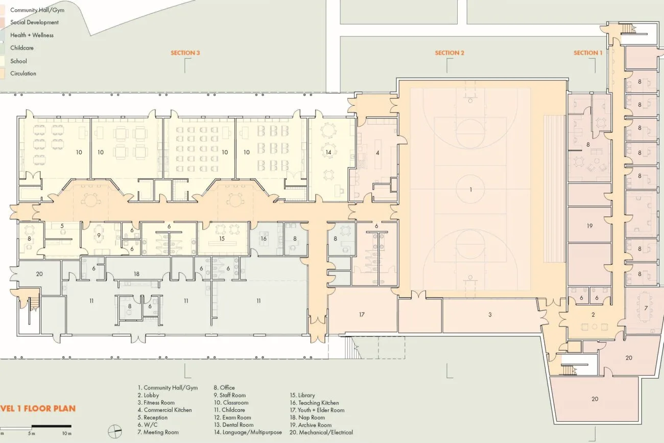 Level 1 floor plan, showing the school, childcare and gymnasium.