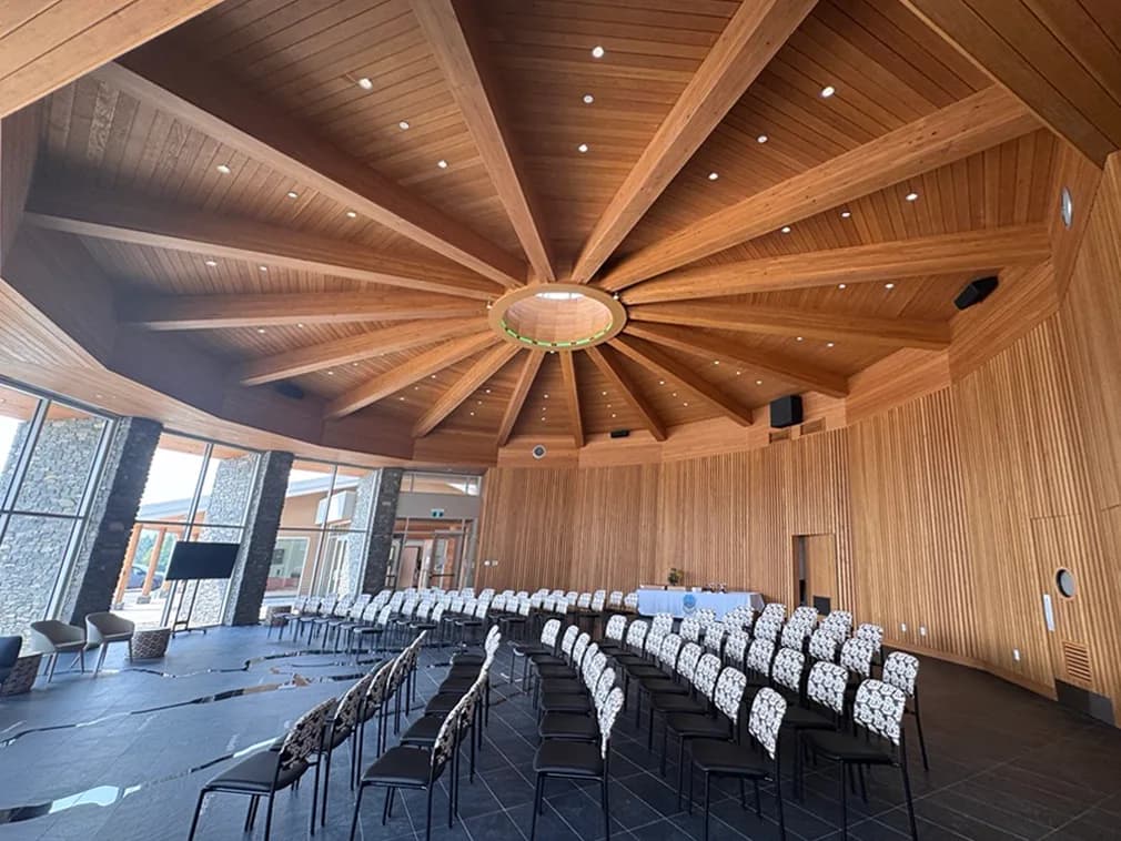 Akisqnuk Multipurpose Centre Community hall image. Exposed wood ceiling