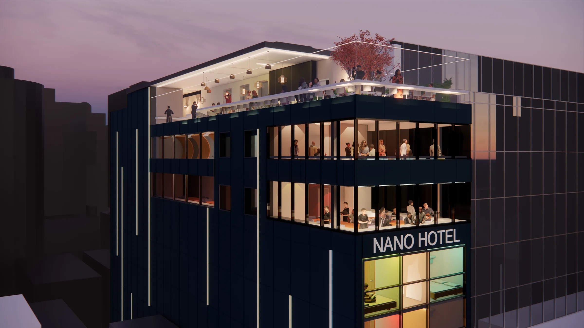 Rendering of the roof top amenity level, looking out over downtown and the North Shore.