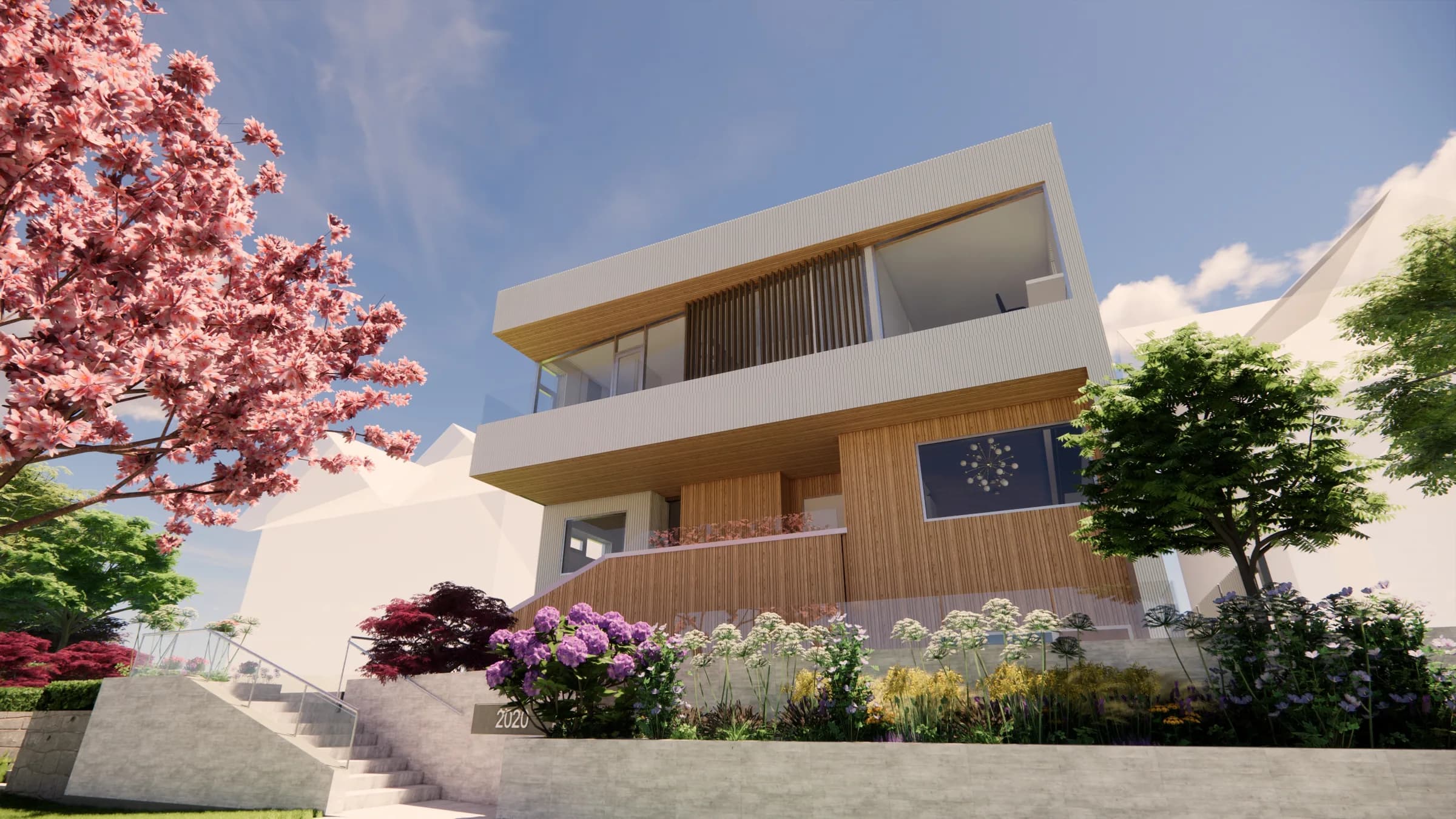 Rendering of the entrance from main street. Cladded with Metal and locally sourced cedar siding. The building seen through cherry blossom.