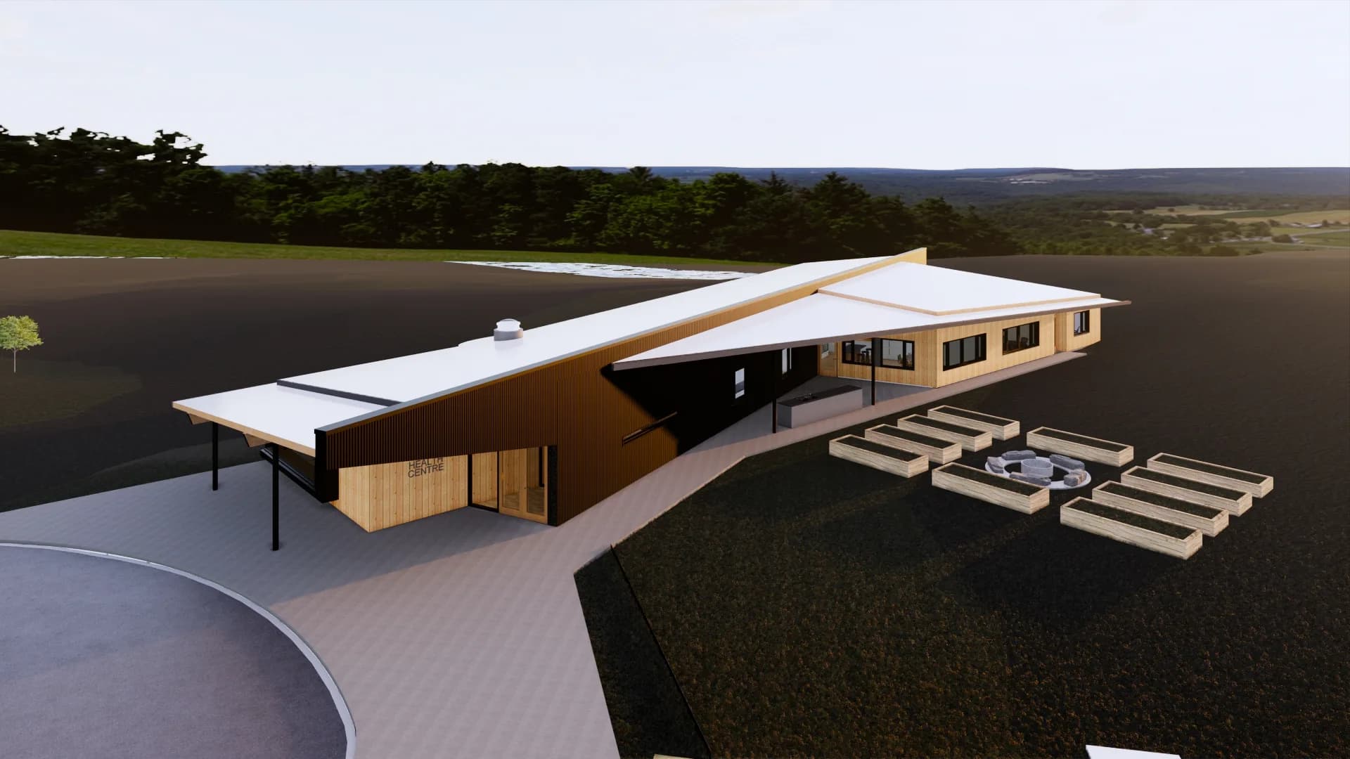 Rendering of the overall building form and site context with community garden and kitchen
